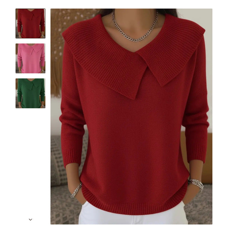 Women's Solid Color Casual V-neck Long Sleeved Sweater