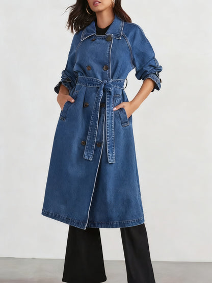 New Fashionable Denim Women's Windbreaker, Pure Color Turtleneck Long-sleeved Lace-up Long Denim Jacket For Women