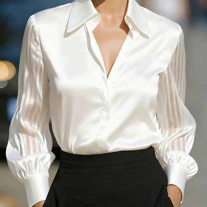 Elegant Women's Satin Blouse - Classic Lapel Collar, Sheer Long Sleeve, Button-Down Shirt With Smooth Flowy Design For Spring & Autumn Office Wear