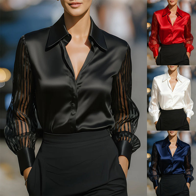 Elegant Women's Satin Blouse - Classic Lapel Collar, Sheer Long Sleeve, Button-Down Shirt With Smooth Flowy Design For Spring & Autumn Office Wear