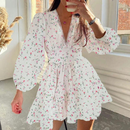 Women's Floral Puff Sleeve Mini Dress - V-Neck Ruffle Hem Casual Holiday Dress