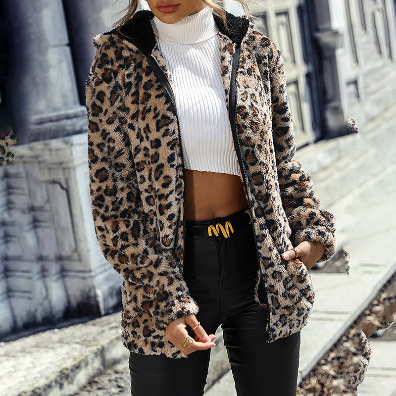 Women's Fuzzy Leopard Jacket, Hooded Plush Zip Up Coat For Fall Winter