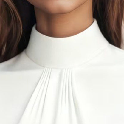 Women's Elegant Solid Color High-Neck Satin Short Sleeve Top, Summer Office Blouse With Ruffle Detail