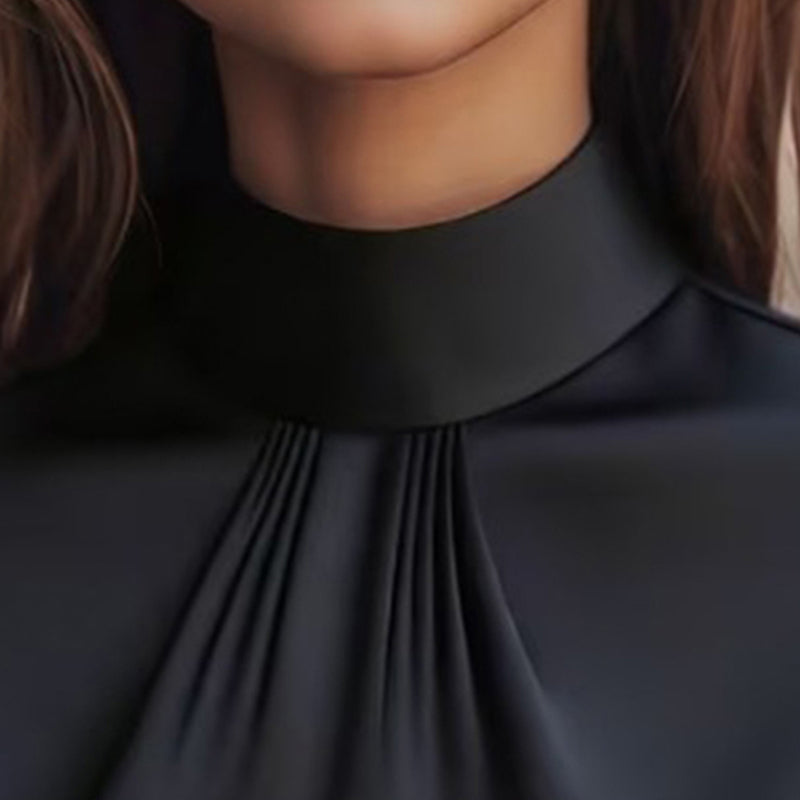 Women's Elegant Solid Color High-Neck Satin Short Sleeve Top, Summer Office Blouse With Ruffle Detail