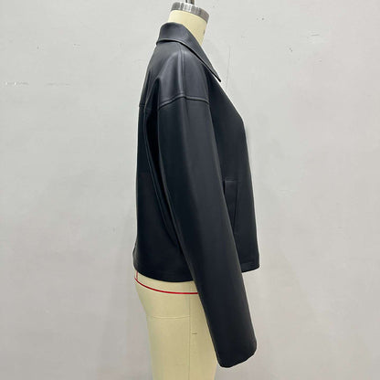 Women's Faux Leather Jacket, Cropped Zip Up Long Sleeve Casual Coat With Pockets