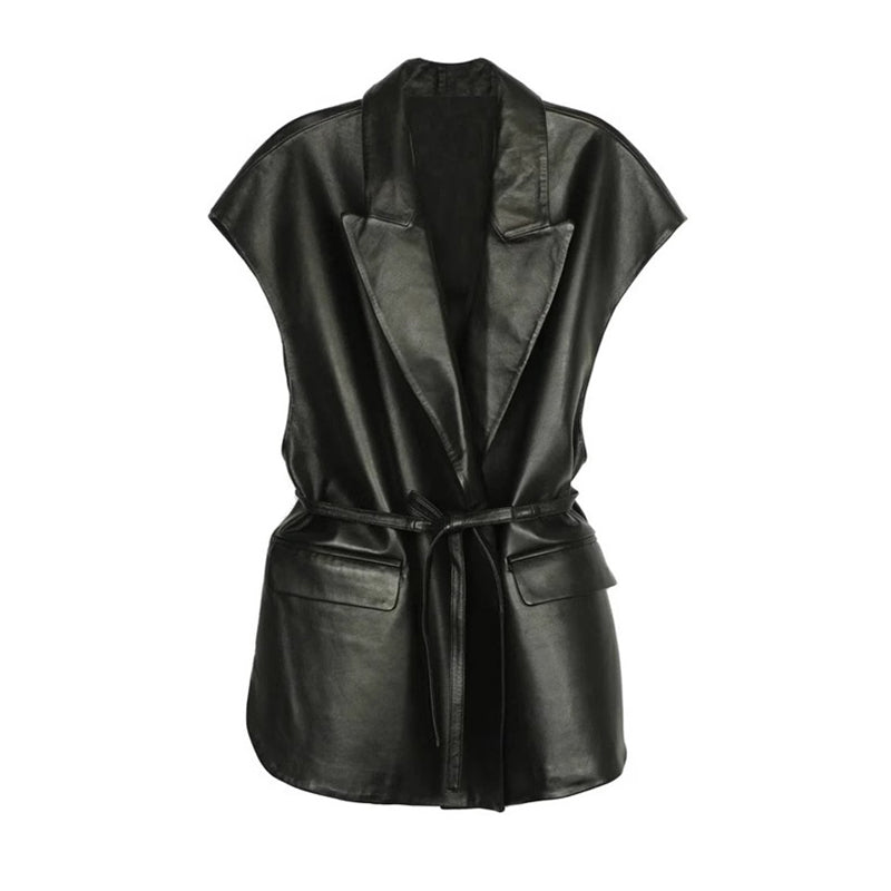 Women's Faux Leather Vest, Lapel Collar Sleeveless Casual Work Jacket With Belt