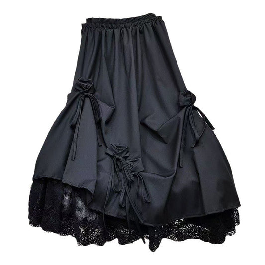High-waisted Bow Heavy Work Spliced Lace A-line Midi Skirt