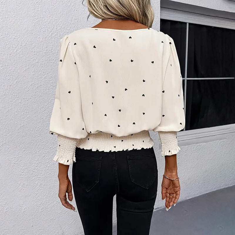 Women's Heart Print Blouse, Long Sleeve Smocked Crew Neck Casual Top