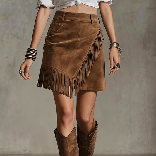 Women's Western Style Mini Skirt Solid Color Fringe Hem Pencil Skirt With Decorative Pockets For Vacation