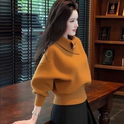 FallWinter Korean-style Soft Mature Design Womens Orange Turtleneck Base Knit Sweatersoft