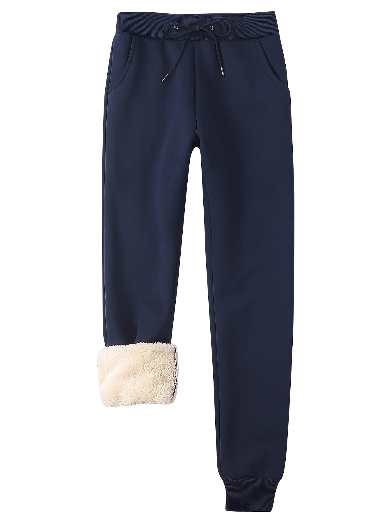 Women's Fleece Sweatpants Jogger Fleece Pants With Drawstring Waist, Boyfriend Style, Long, Solid Color, Slightly Stretchy Fabric