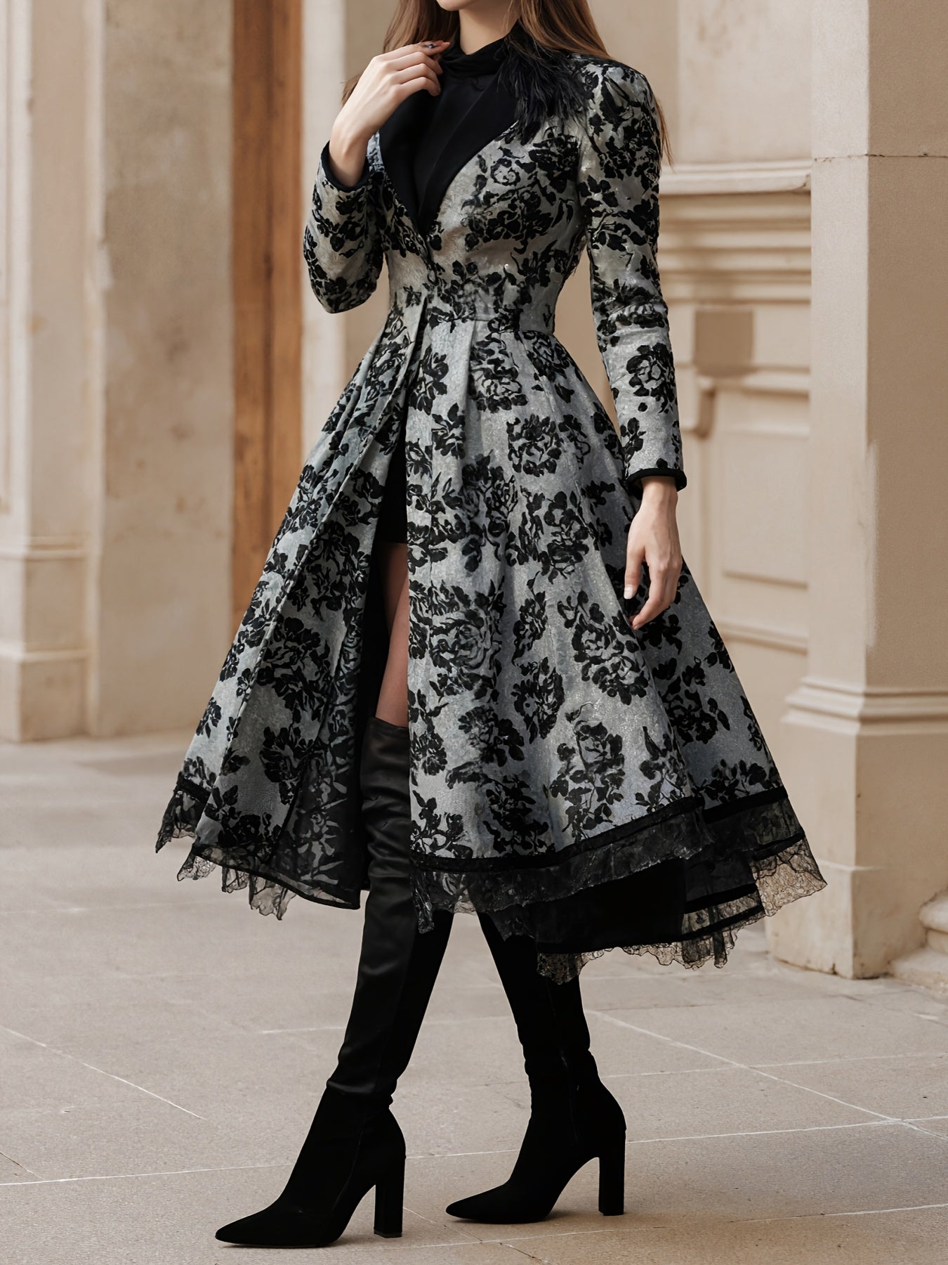 2025 New Women's Evening Dress, Lace Decoration, Collar, Flower Print Press, Long Sleeve, Dance Dress