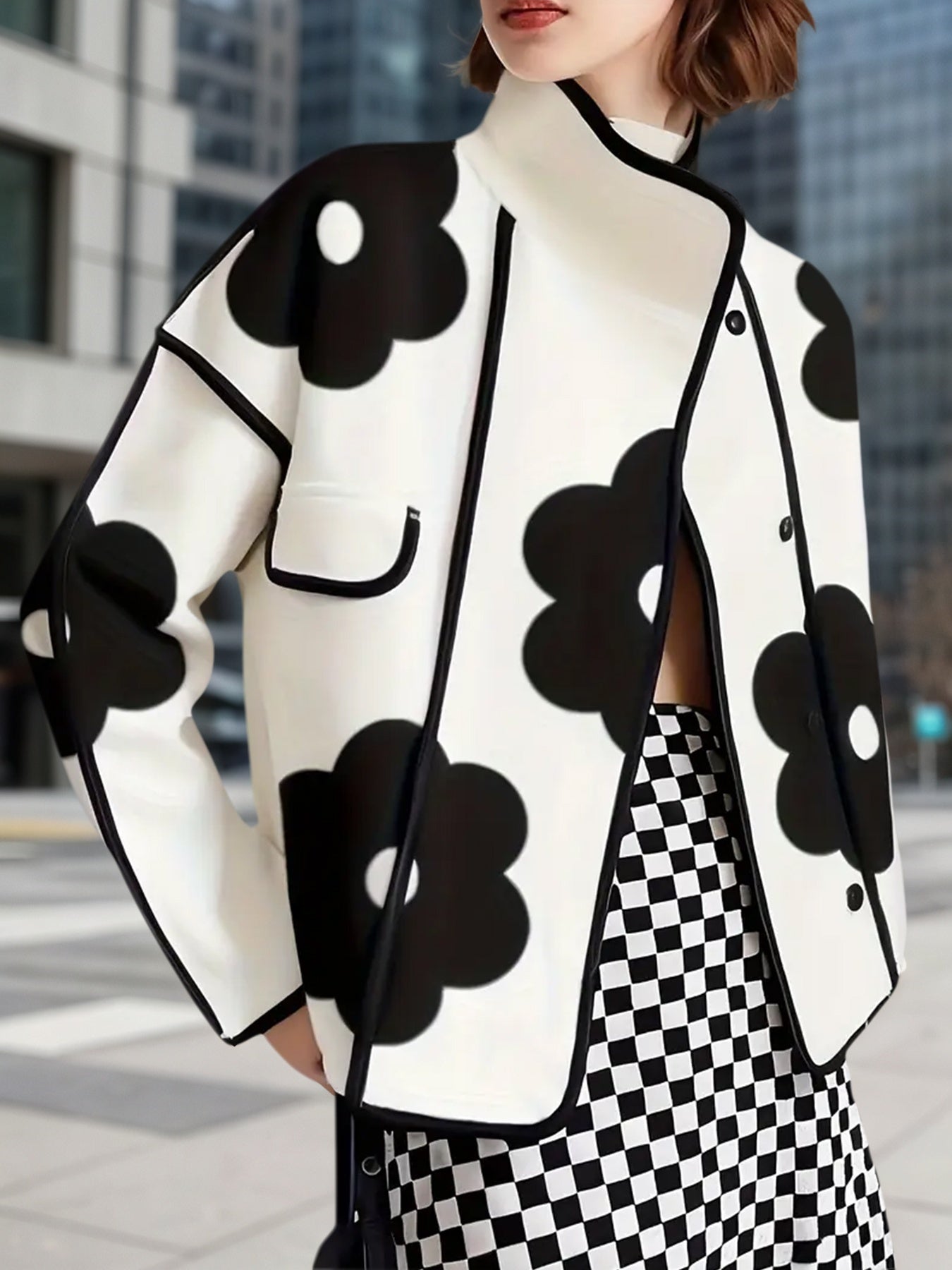 New Style Women's Long-sleeved Loose Contrast-colored Flower-printed Slit Stand-collar Jacket Wool Jacket