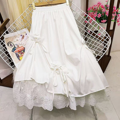 High-waisted Bow Heavy Work Spliced Lace A-line Midi Skirt